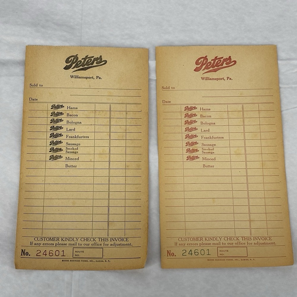 Vintage Peters Butcher Shop Invoice Receipt Williamsport PA 1940s Ephemera 2pc